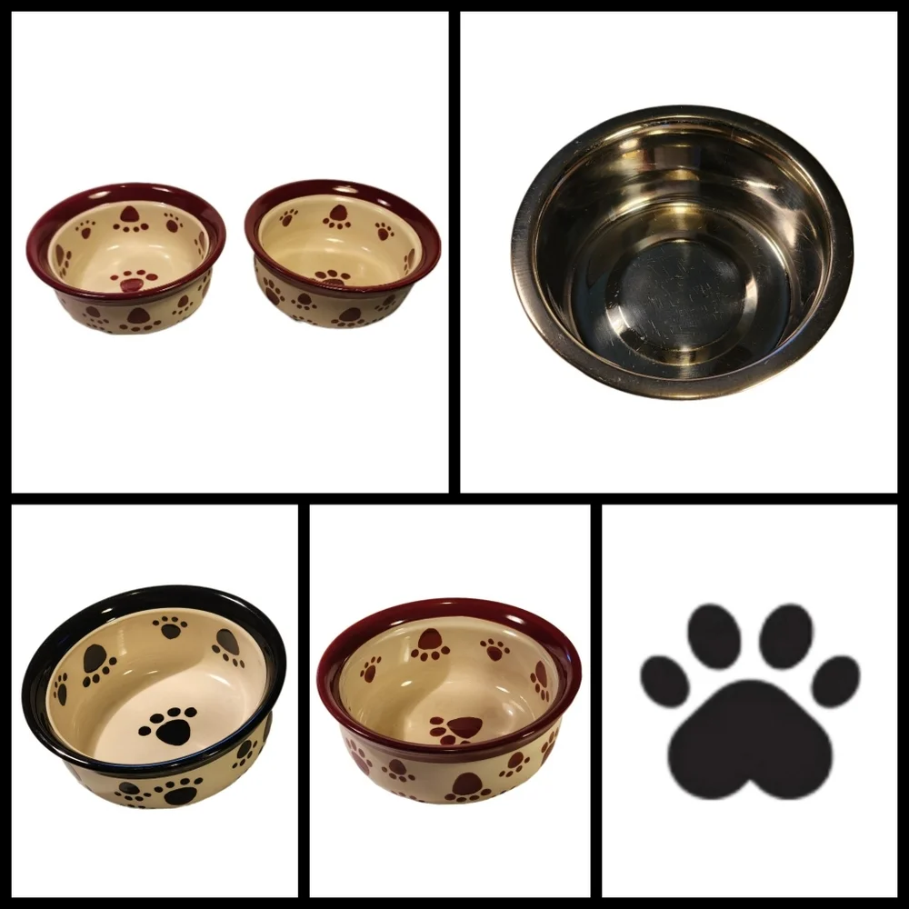 6-Pc Wrought Iron Pet Feeder w/ 4 Ceramic Pawprint Bowls & 1 Stainless Steel